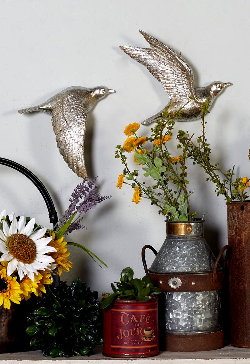 Deco 79 Polystone Bird Home Wall Decor Metallic 3D Sculpted Wall Sculpture, Set of 3 Wall Art 10", 9", 9"H, Silver - Image 2